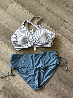 Striped Crossfront Bikini Top with Blue High Waisted Bottom
